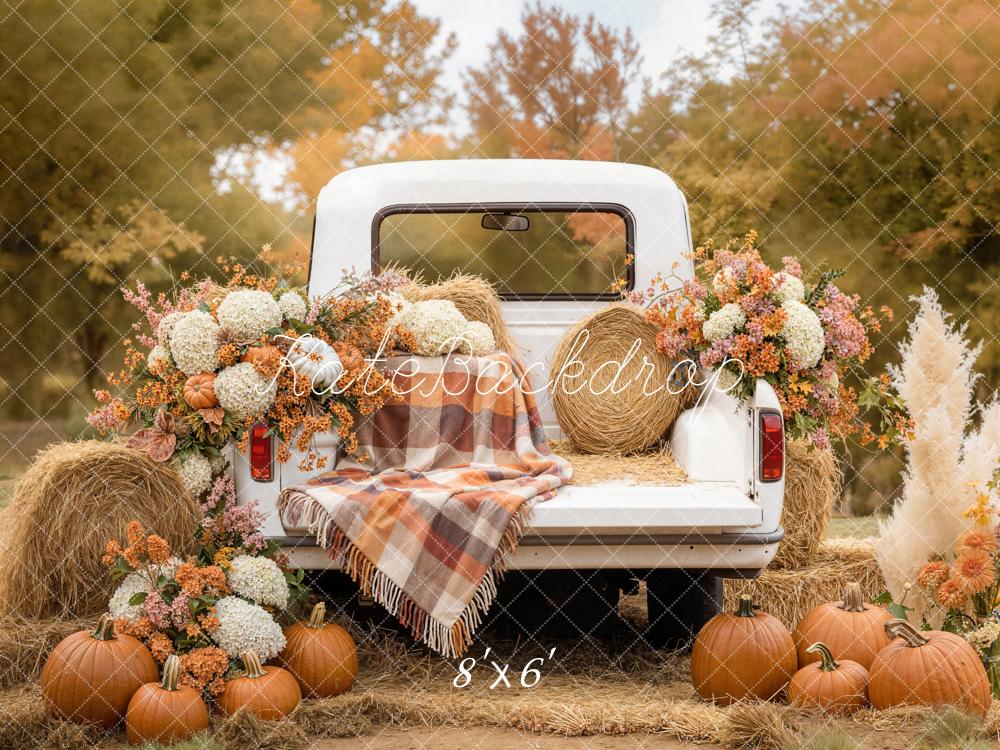 Kate Fall Truck Floral Pumpkins Hay Fleece Backdrop Designed by Emetselch