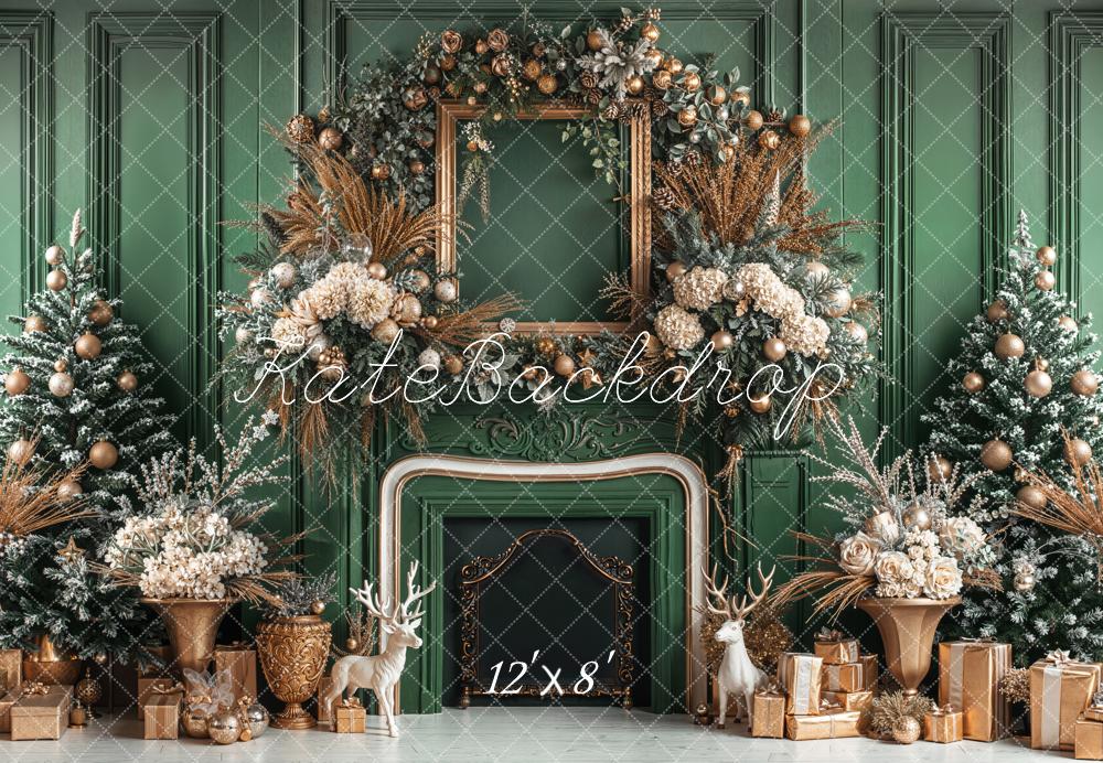 Kate Christmas Green Fireplace Floral Fleece Backdrop Designed by Emetselch - Kate Backdrop AU