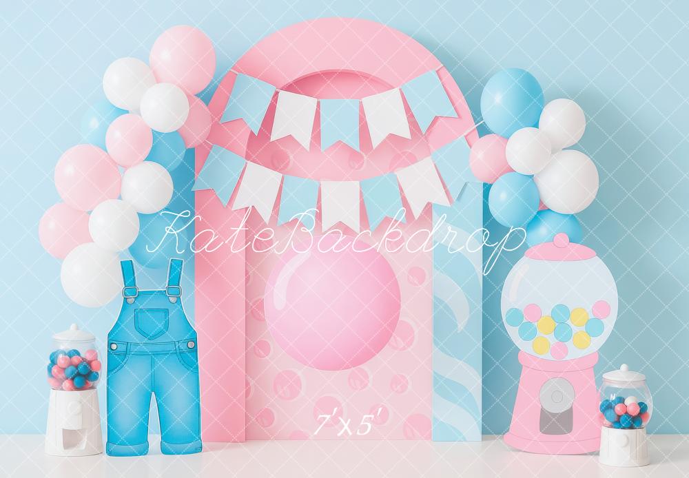 Kate Cake Smash Overalls Gumball Balloons Backdrop Designed by Mini MakeBelieve