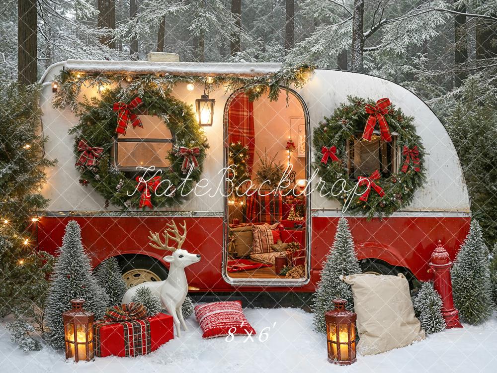 Kate Christmas Caravan Wreaths Reindeer Forest Fleece Backdrop Designed by Emetselch