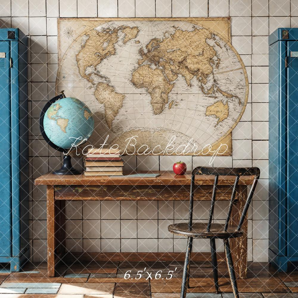 Kate School Desk Globe Vintage Map Blue Cabinets Backdrop Designed by Emetselch - Kate Backdrop AU