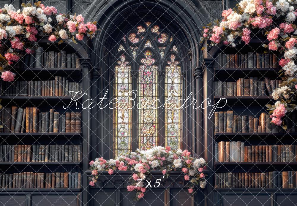 Kate Library Bookshelves Stained Glass Flowers Backdrop Designed by Mini MakeBelieve - Kate Backdrop AU