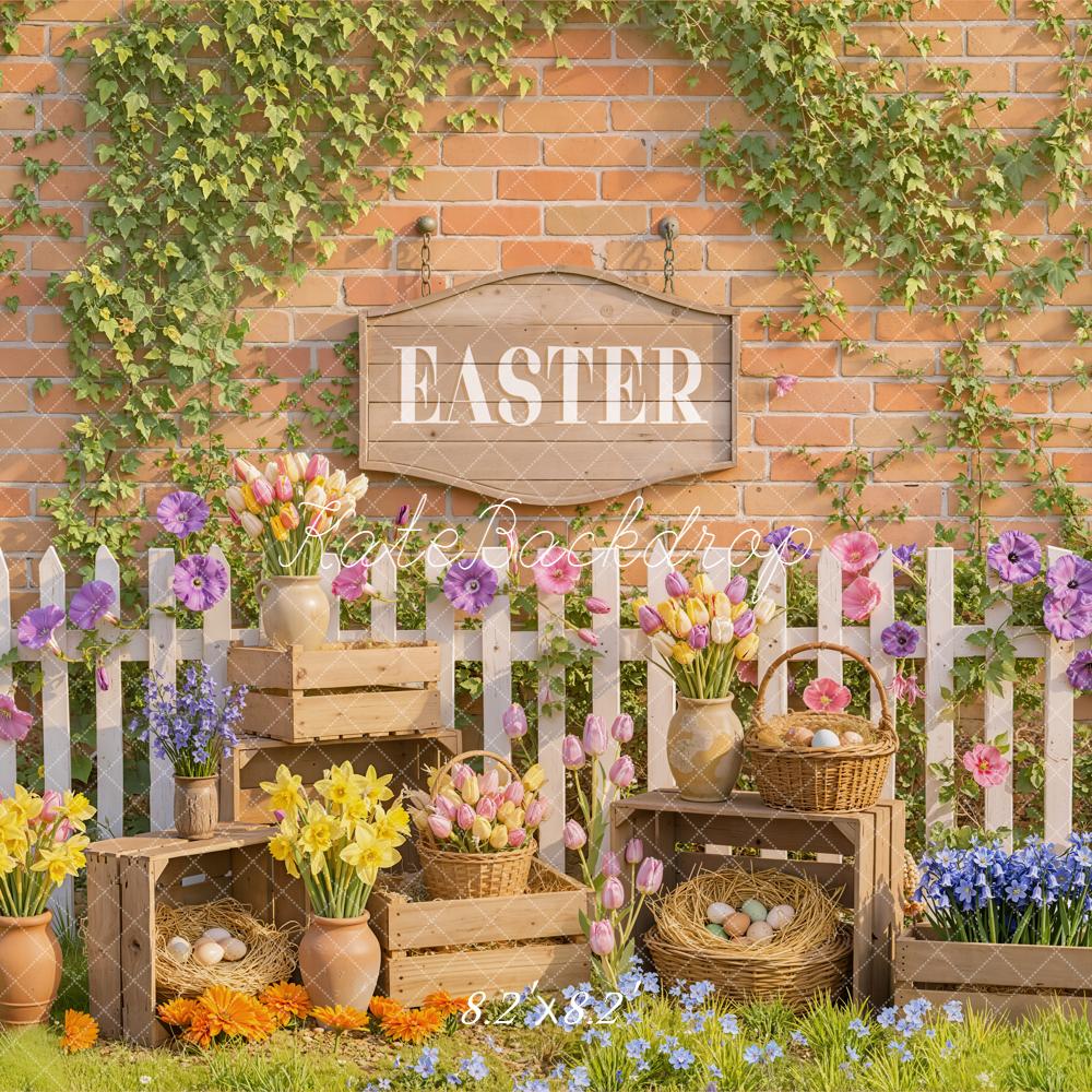 Kate Easter Flowers Eggs Brick Wall Backdrop Designed by Emetselch