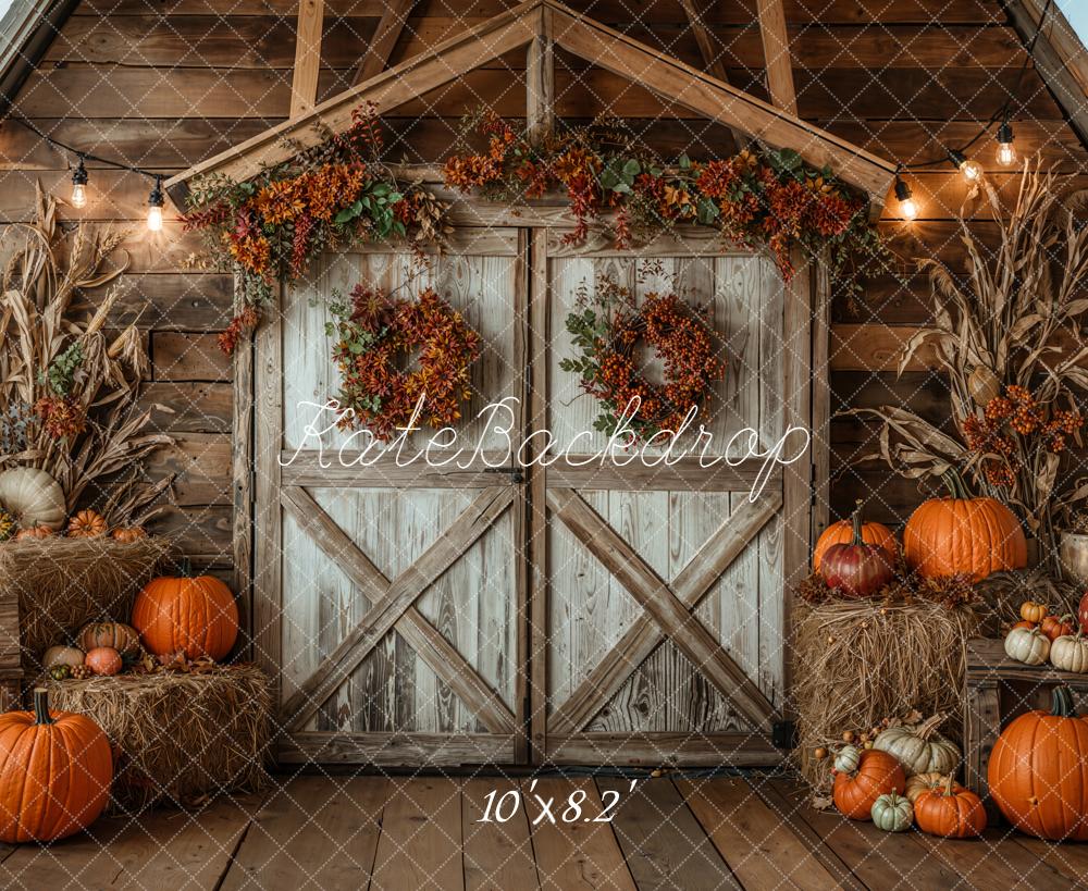 Kate Autumn Barn Door Pumpkins Hay Fleece Backdrop Designed by Chain