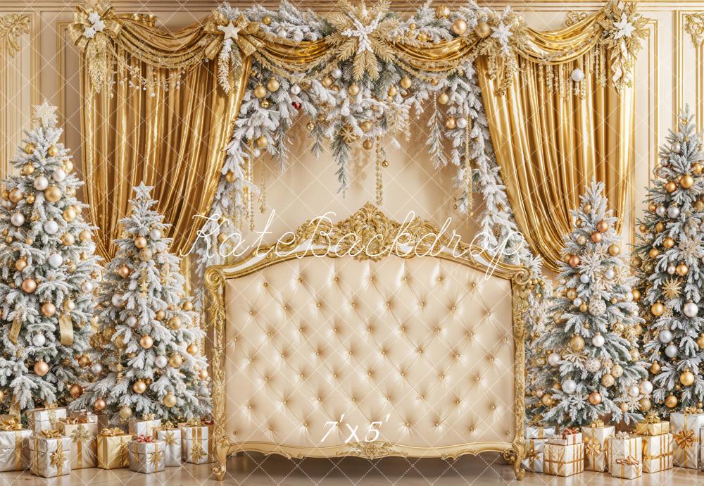 Kate Christmas Gold Curtains Frosted Trees Throne Backdrop Designed by Emetselch - Kate Backdrop AU