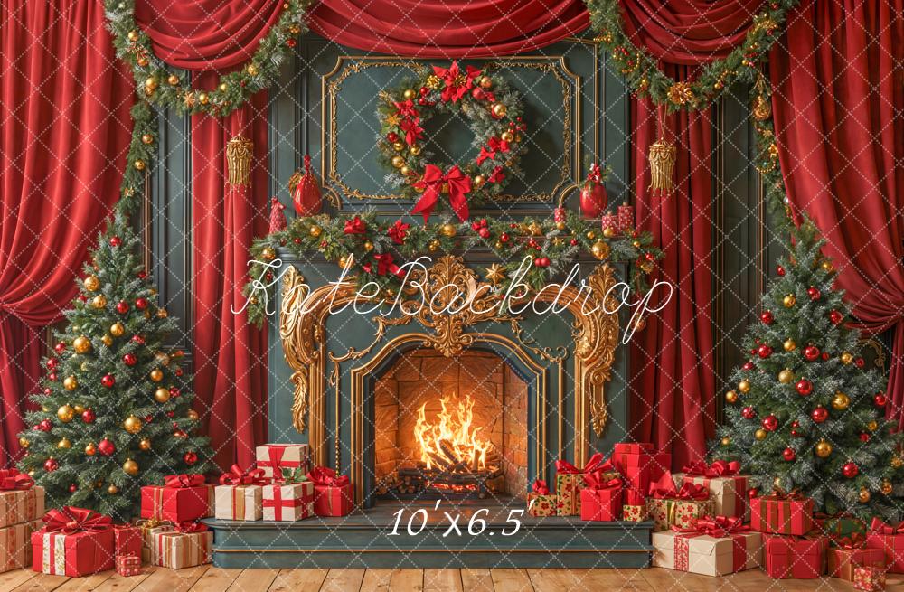 Kate Christmas Fireplace Gift Boxes Backdrop Designed by Emetselch - Kate Backdrop AU