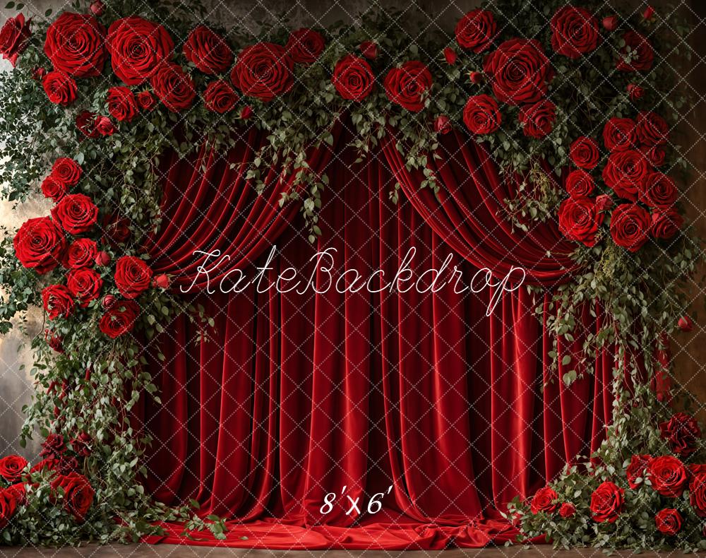 Kate Red Roses Curtains Fleece Backdrop Designed by Emetselch