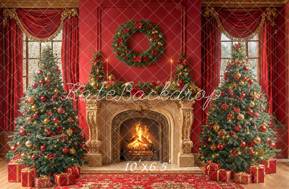 Kate Christmas Fireplace Red Wall Fleece Backdrop Designed by Emetselch - Kate Backdrop AU