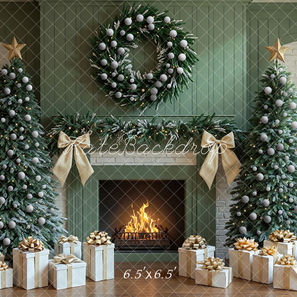 Kate Green Christmas Fireplace Trees Gifts Green Backdrop Designed by Mini MakeBelieve