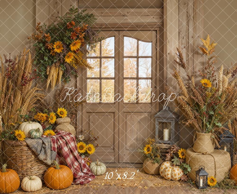 Kate Fall Pumpkins Rustic Wheat Backdrop Designed by Emetselch
