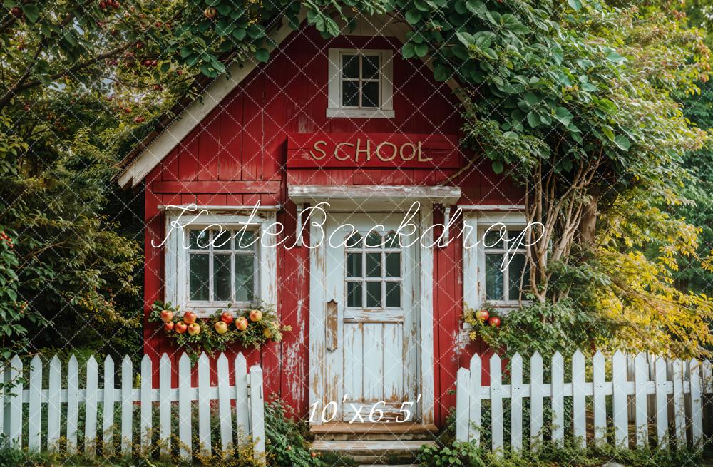 Kate Back to School Red Cottage Apple Trees Fleece Backdrop Designed by Emetselch - Kate Backdrop AU