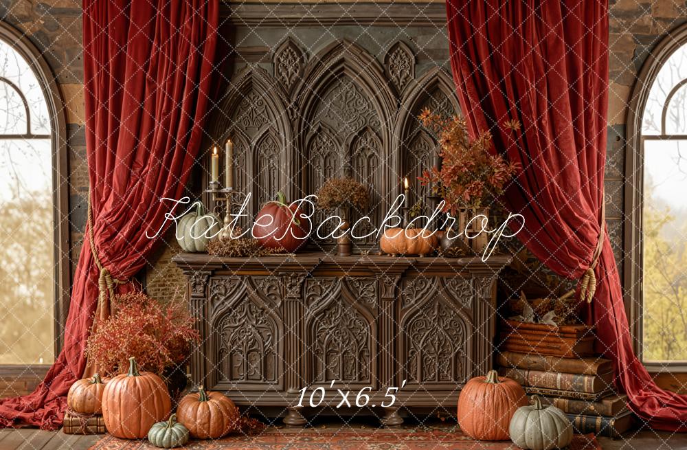 Kate Fall Pumpkins Gothic Cabinet Fleece Backdrop Designed by Emetselch