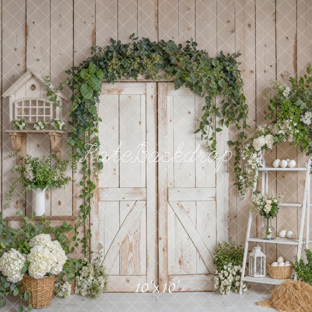 Kate Spring Retro Wooden Doors Greenery Backdrop Designed by Emetselch