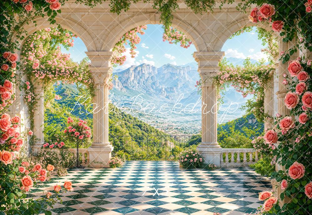 Kate Garden Arch Roses Checkered Floor Backdrop Designed by Emetselch - Kate Backdrop AU