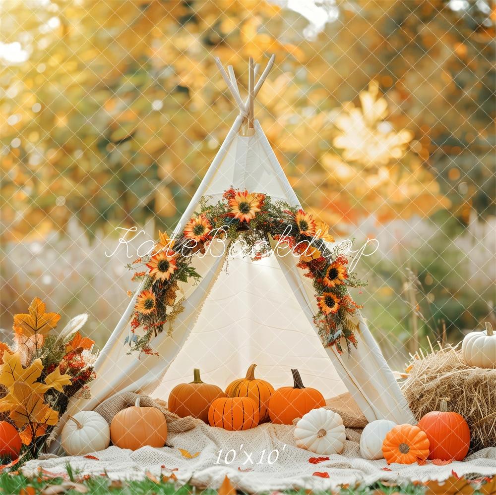 Kate Autumn Teepee Pumpkins Hay Bales Backdrop Designed by Patty Roberts