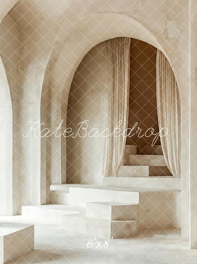 Kate Cascading Stairs Arch Beige Fleece Backdrop Designed by Emetselch