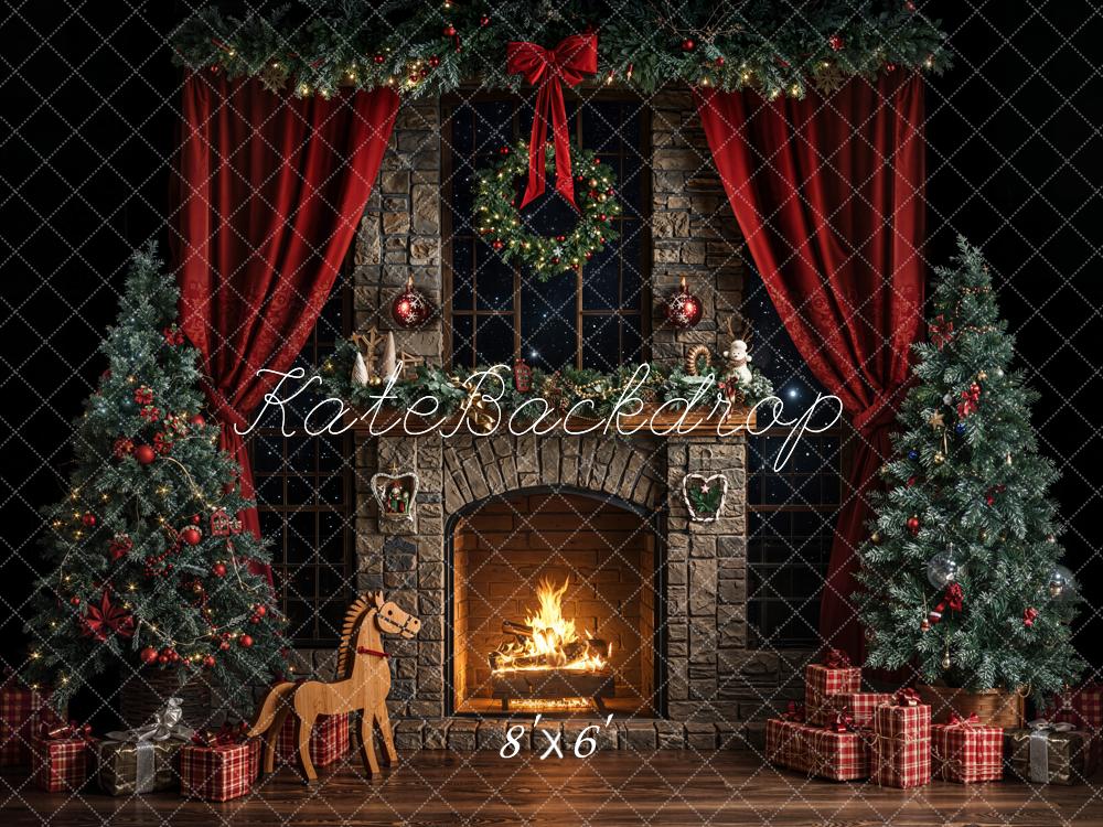 Kate Christmas Fireplace Red Curtains Fleece Backdrop Designed by Emetselch - Kate Backdrop AU