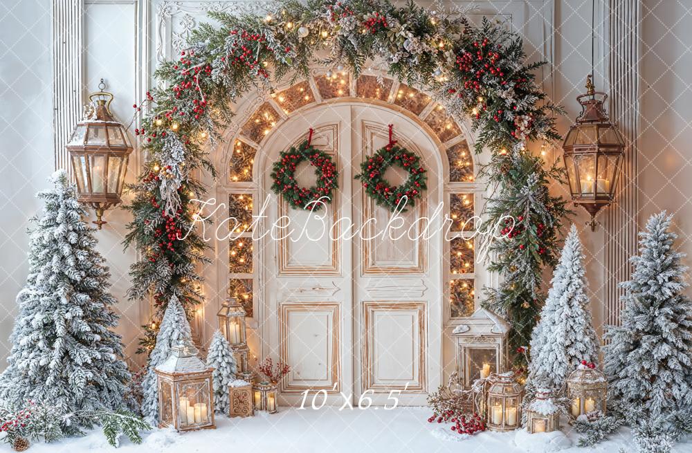 Kate Christmas Door Snowy Trees Fleece Backdrop Designed by Emetselch