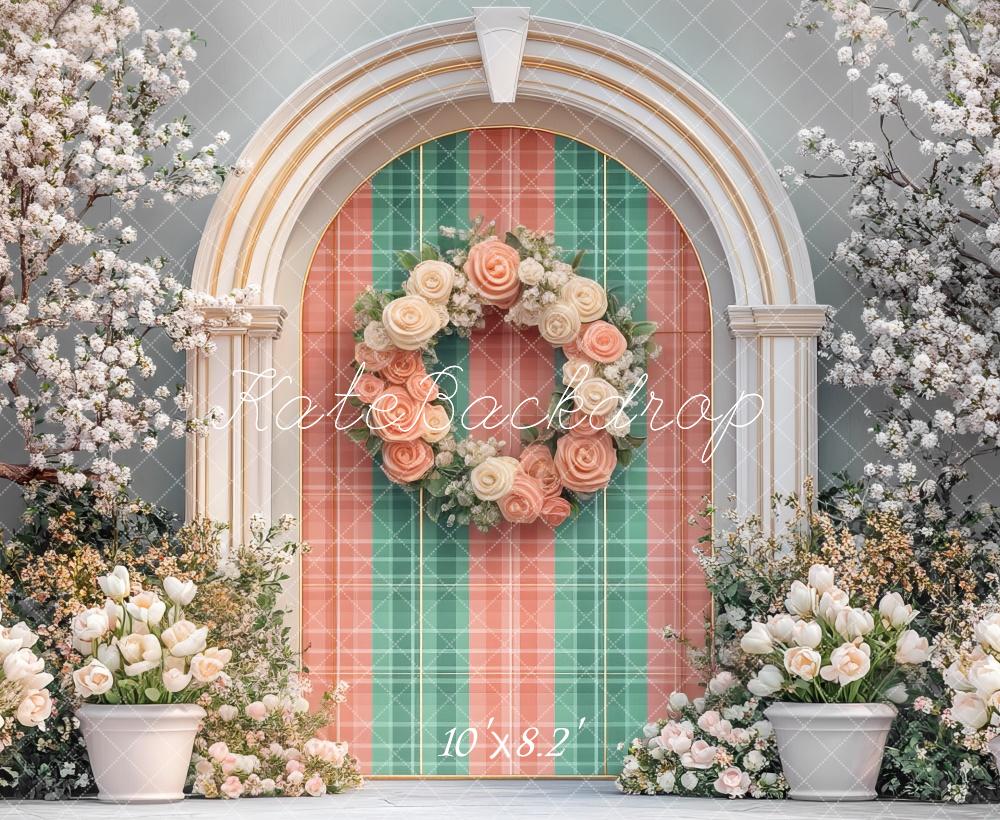 Kate Spring Arch Wreath Plaid Blossoms Backdrop Designed by Mini MakeBelieve - Kate Backdrop AU