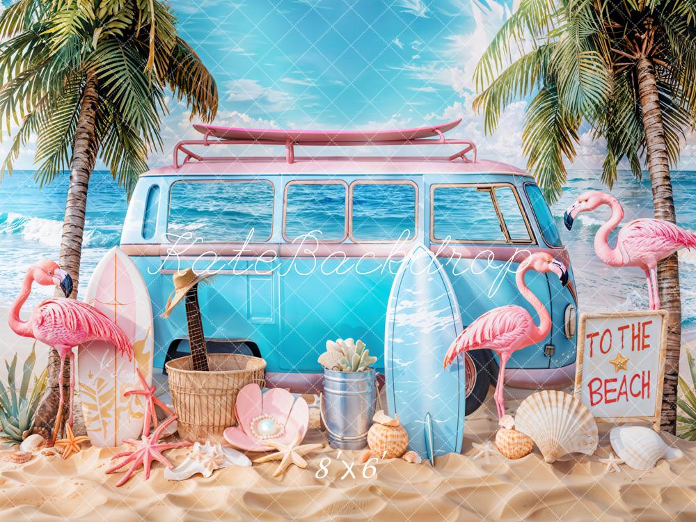 Kate Summer Beach Van Flamingos Surfboards Backdrop Designed by Emetselch