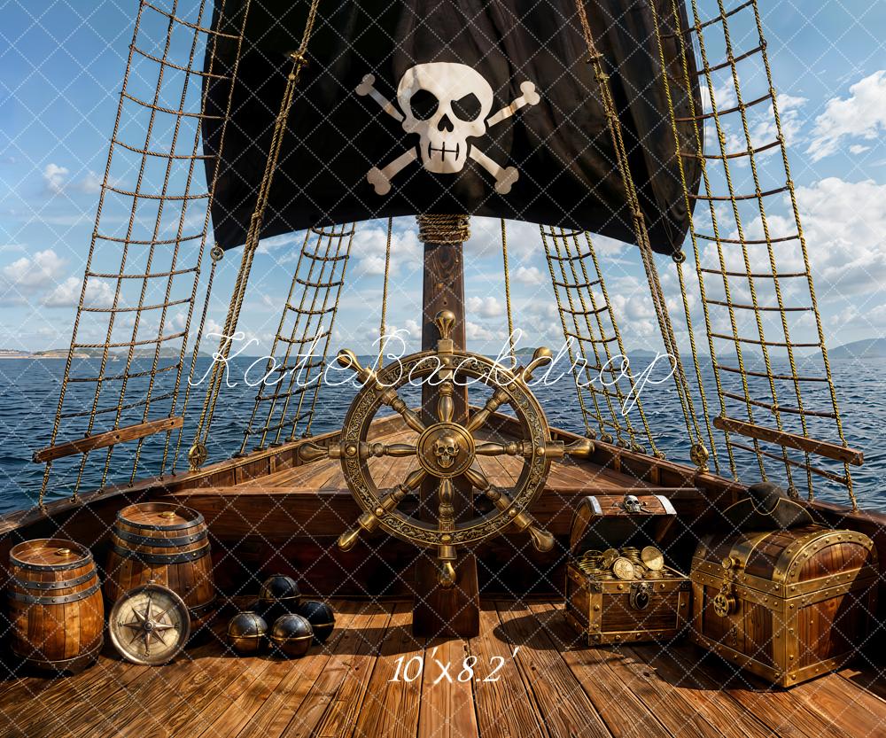 Kate Pirate Ship Deck Treasure Chest Fleece Backdrop Designed by Emetselch