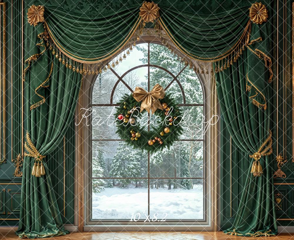 Kate Christmas Window Green Curtains Backdrop Designed by Emetselch - Kate Backdrop AU