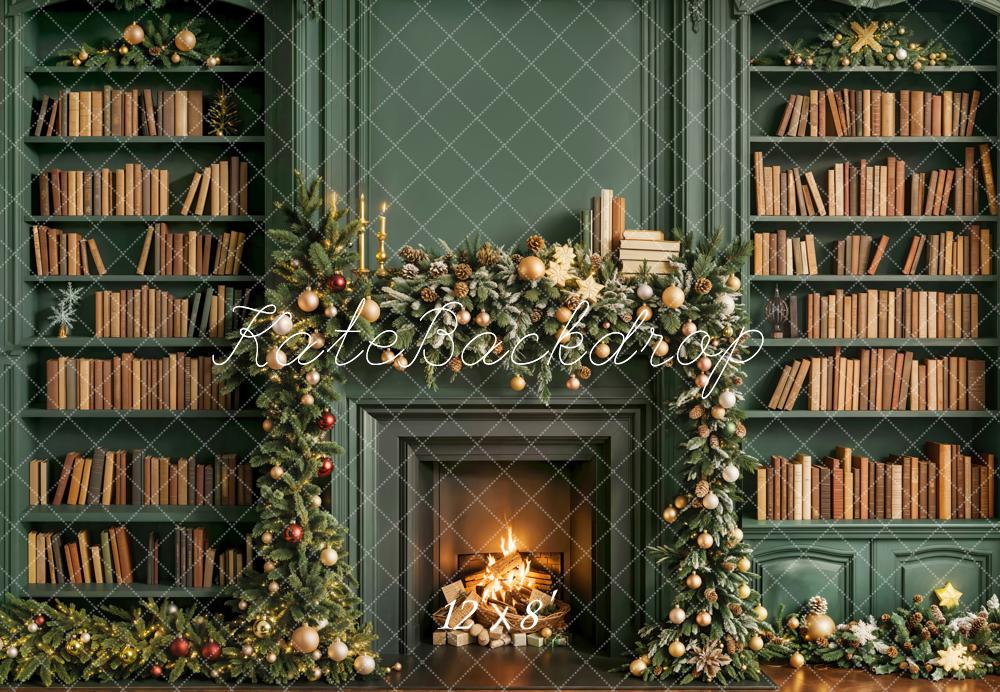 Kate Christmas Fireplace Bookshelves Fleece Backdrop Designed by Emetselch - Kate Backdrop AU