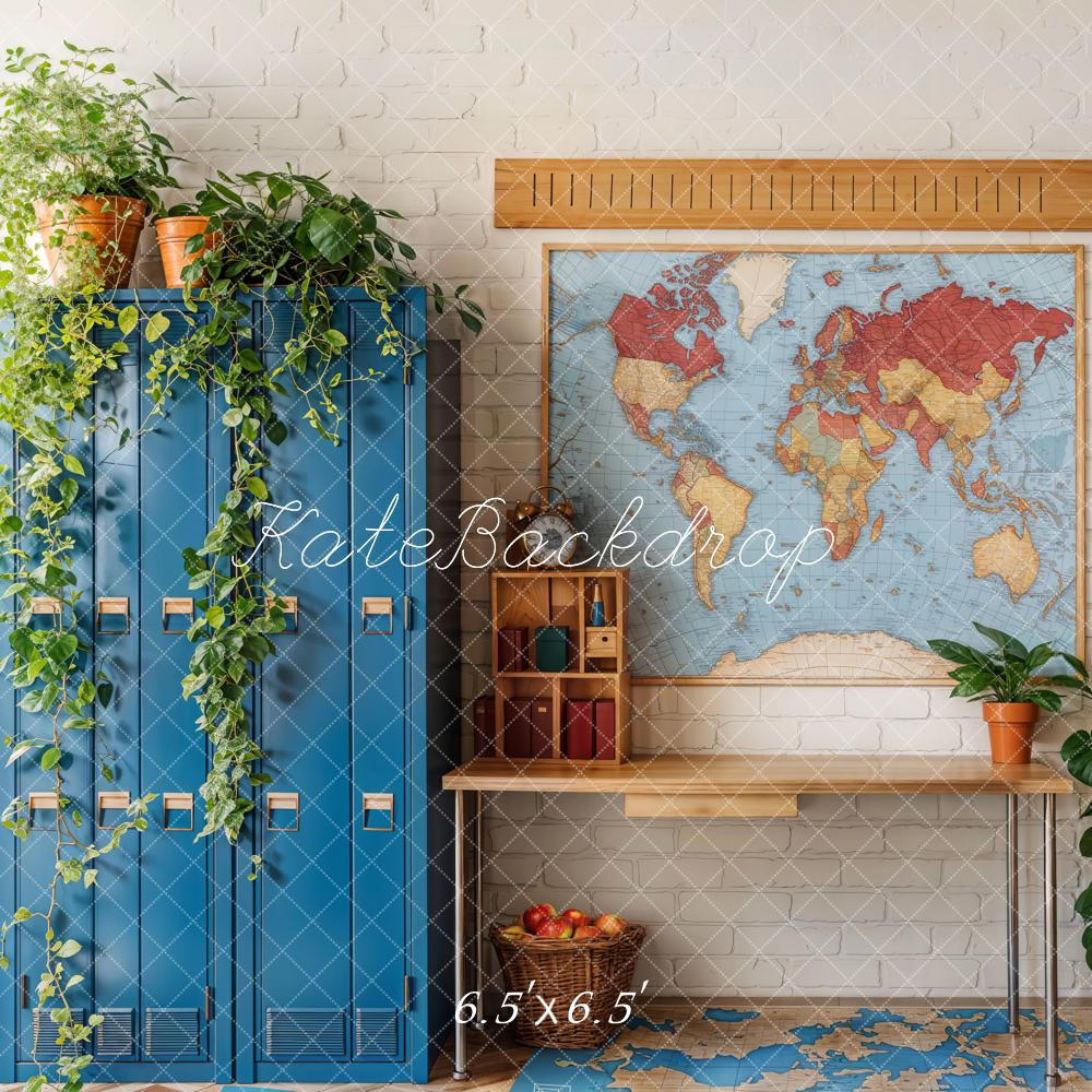 Kate School Map Blue Lockers Plants Backdrop Designed by Emetselch - Kate Backdrop AU