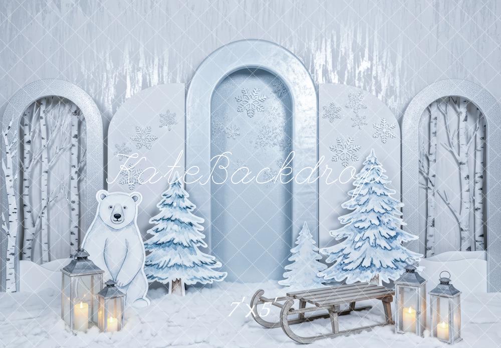 Kate Winter Polar Bear Sled Snowy Trees Backdrop Designed by Patty Roberts
