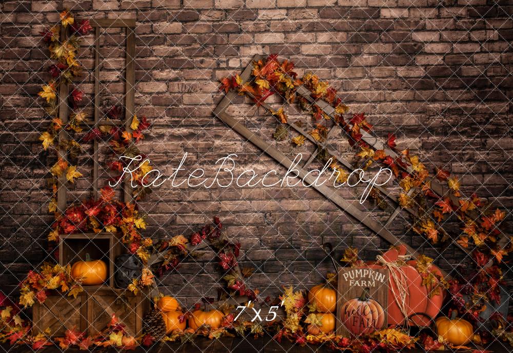 Kate Fall Pumpkins Autumn Leaves Brick Wall Backdrop Designed by Rose Abbas
