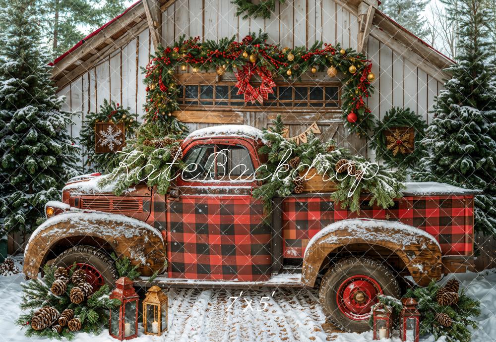 Kate Christmas Truck Plaid Snow Backdrop Designed by Emetselch - Kate Backdrop AU