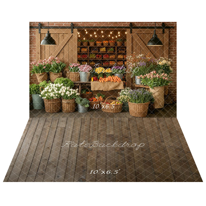 Kate Flower Market Baskets Vegetables Backdrop+Wood Texture Vintage Backdrop