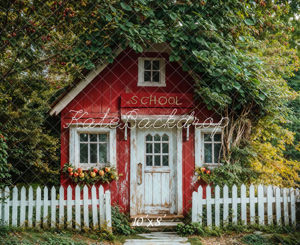 Kate Back to School Red Cottage Apple Trees Fleece Backdrop Designed by Emetselch - Kate Backdrop AU