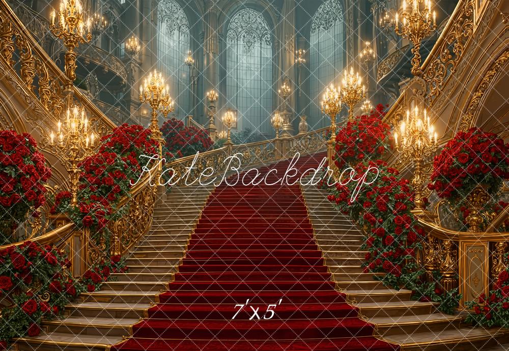 Kate Cascading Stairs Red Roses Grand Chandeliers Backdrop Designed by Emetselch