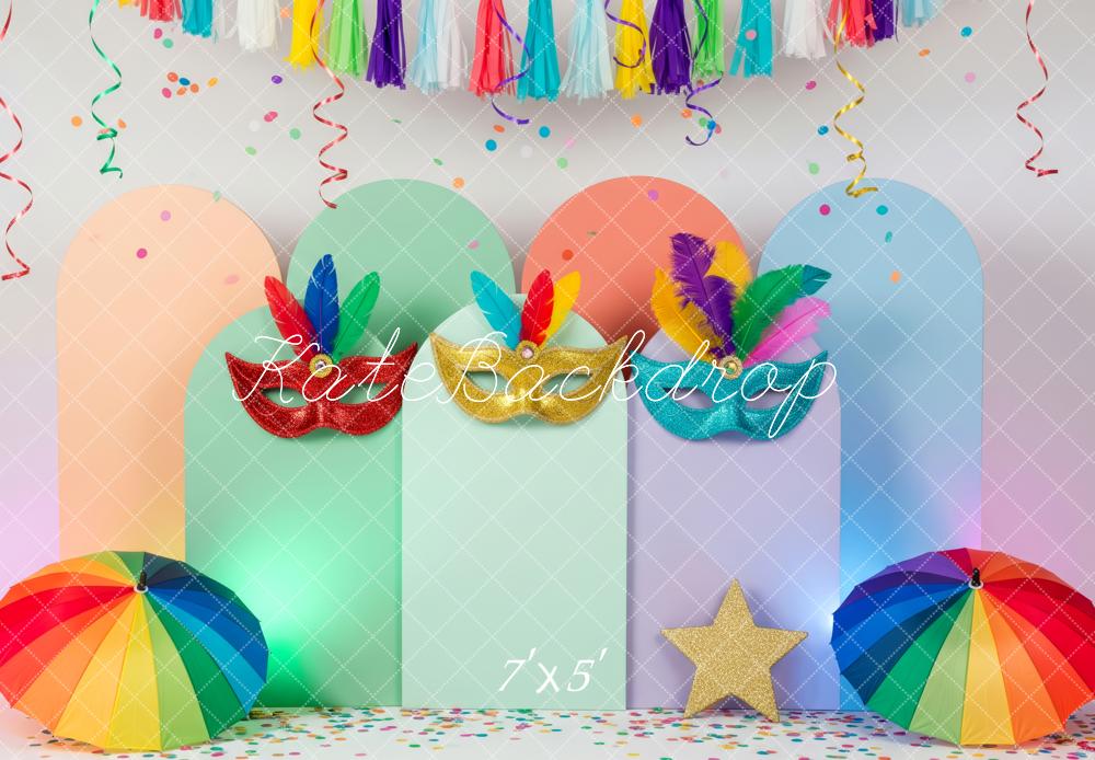 Kate Carnival Masks Rainbow Umbrellas Backdrop Designed by Patty Roberts
