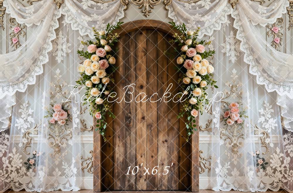 Kate Flower Arch Wooden Door Lace Drapes Backdrop Designed by Mini MakeBelieve