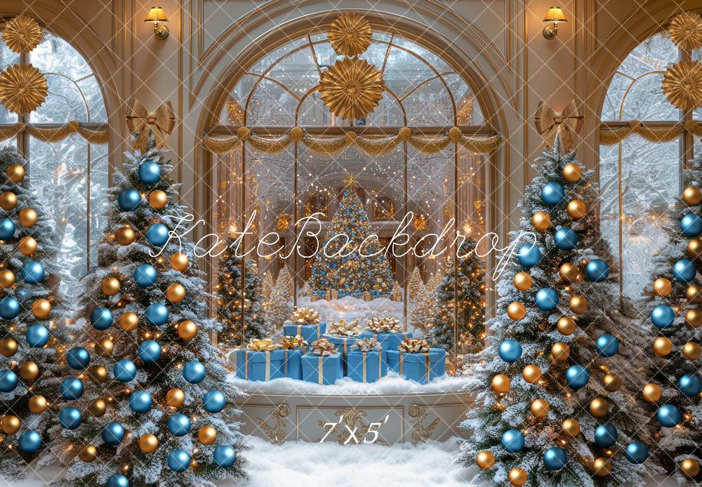 Kate Christmas Blue Gold Ornaments Snowy Trees Backdrop Designed by Mini MakeBelieve - Kate Backdrop AU