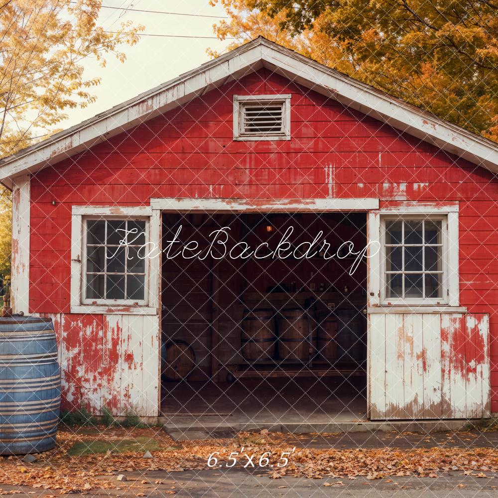 Kate Autumn Red Shed Weathered Barrel Backdrop Designed by Emetselch - Kate Backdrop AU