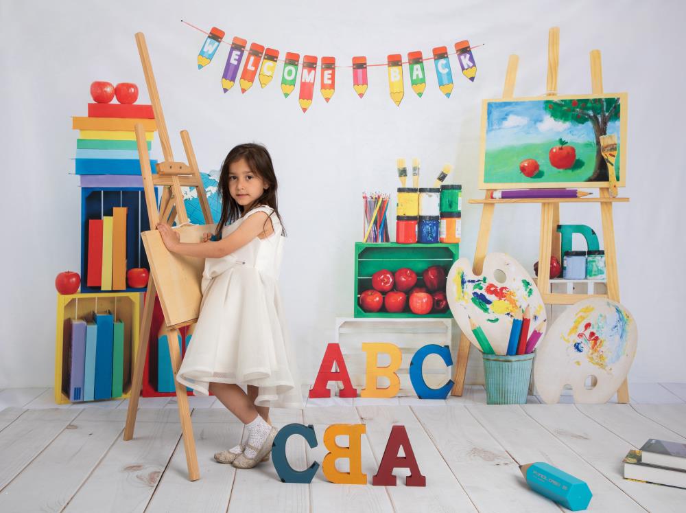 Kate Back to School Backdrop Retro Artist White Designed by Emetselch - Kate Backdrop AU