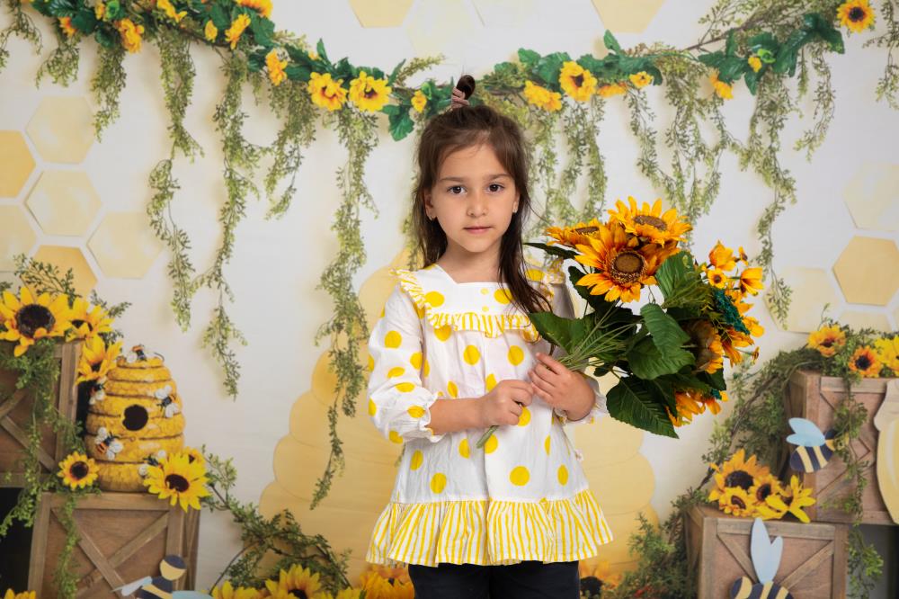 Kate Honey Bee Backdrop Sunflower Cake Smash Photography Designed by Megan Leigh Photography