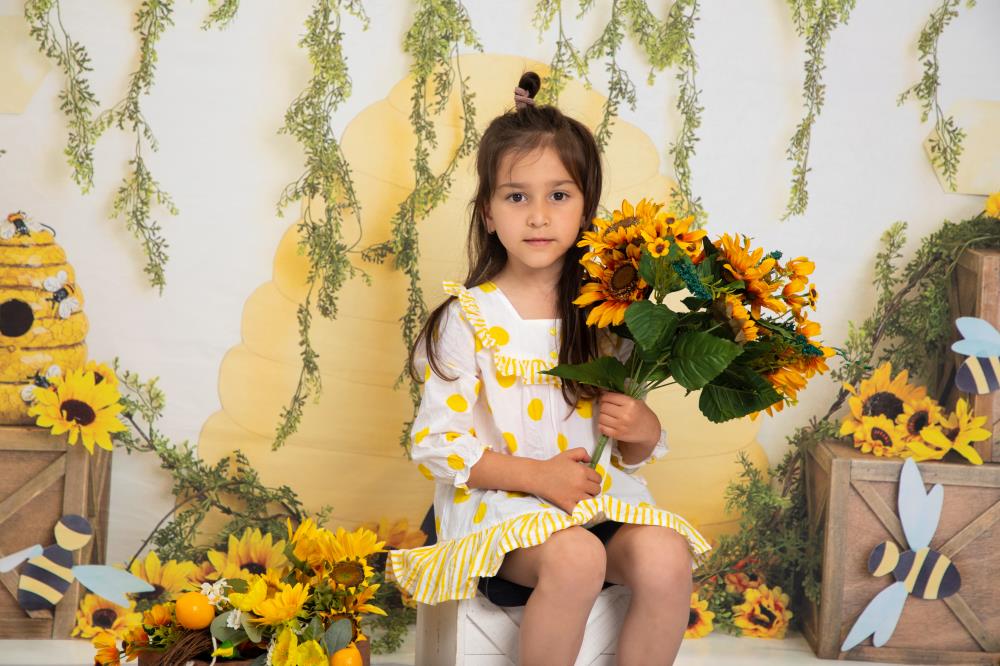 Kate Honey Bee Backdrop Sunflower Cake Smash Photography Designed by Megan Leigh Photography