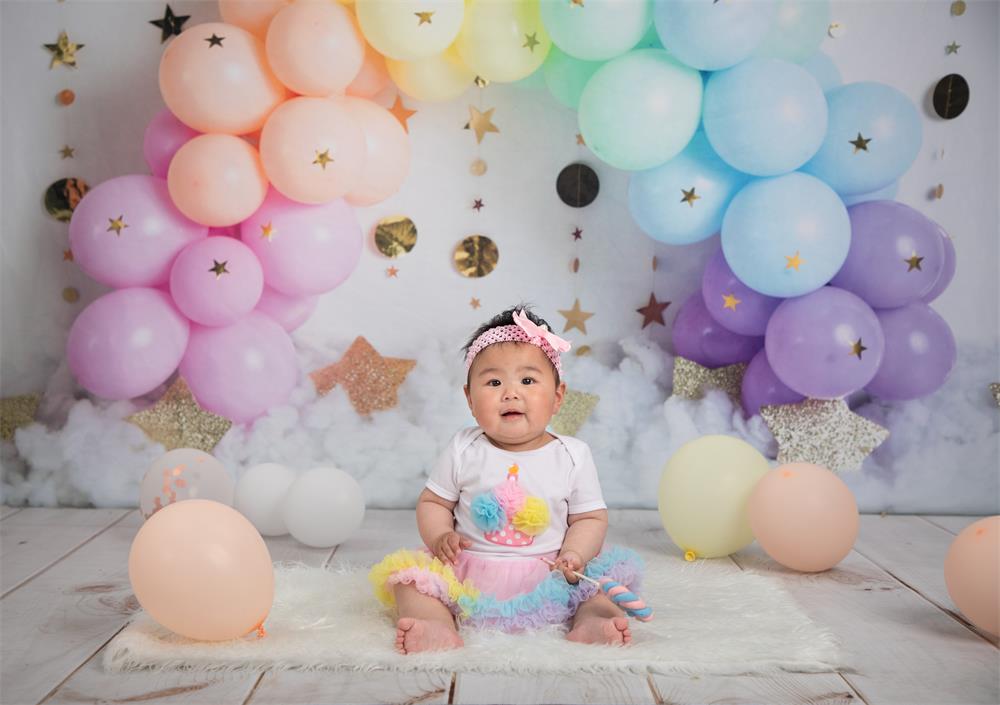 Kate Rainbow Balloons Garland Children Cake Smash Backdrop Designed by Megan Leigh Photography