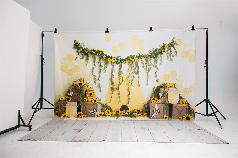 Kate Honey Bee Backdrop Sunflower Cake Smash Photography Designed by Megan Leigh Photography