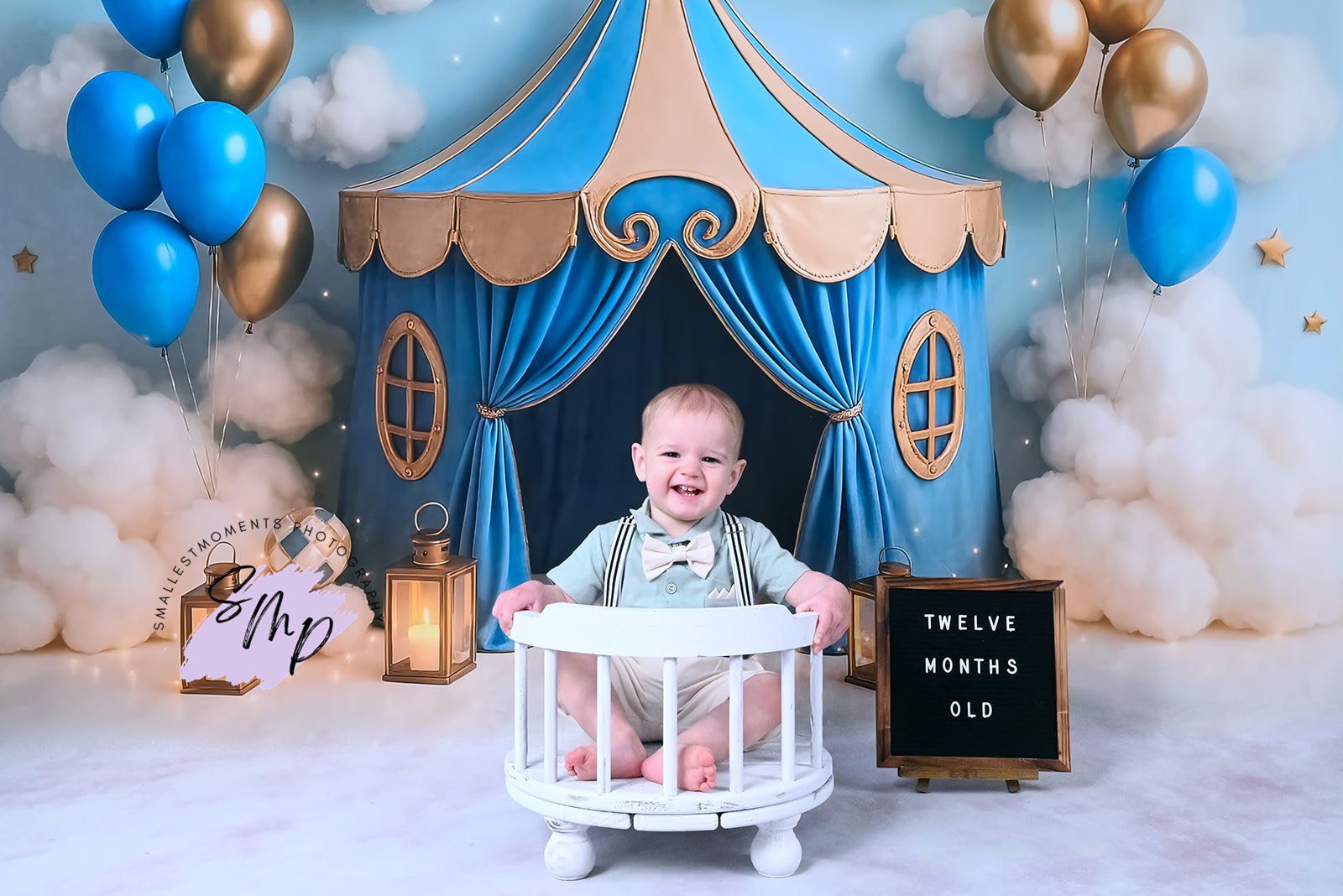 Kate Light Blue Gold Circus Backdrop Designed by Ashley Paul