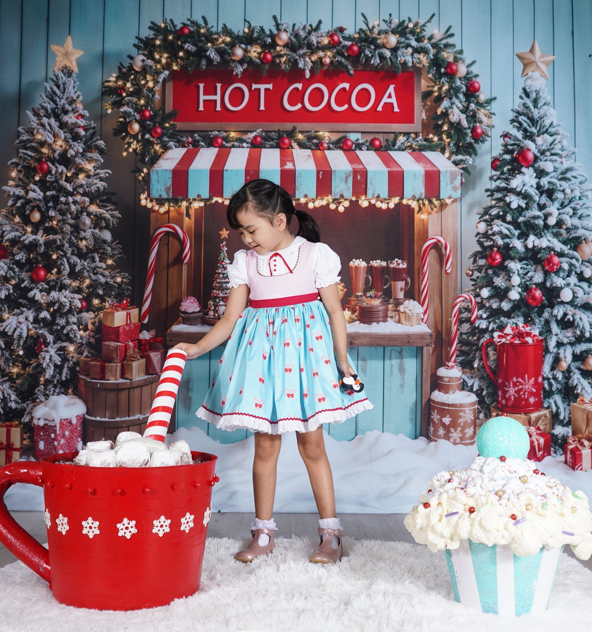 Kate Christmas Hot Cocoa Stand Snowy Trees Backdrop Designed by Emetselch