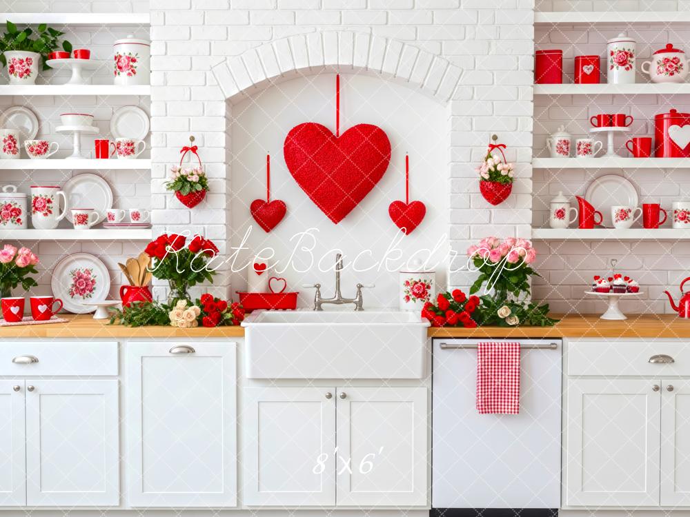 Kate Valentine Kitchen Red Hearts Backdrop Designed by Patty Roberts