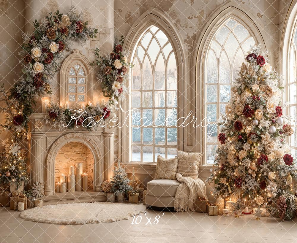 Kate Christmas Fireplace Floral Arch Tree Fleece Backdrop Designed by Emetselch