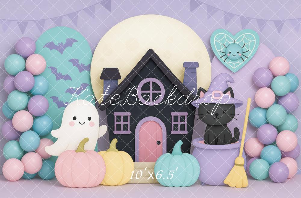 Kate Halloween House Ghost Cat Pumpkins Backdrop Designed by Mini MakeBelieve