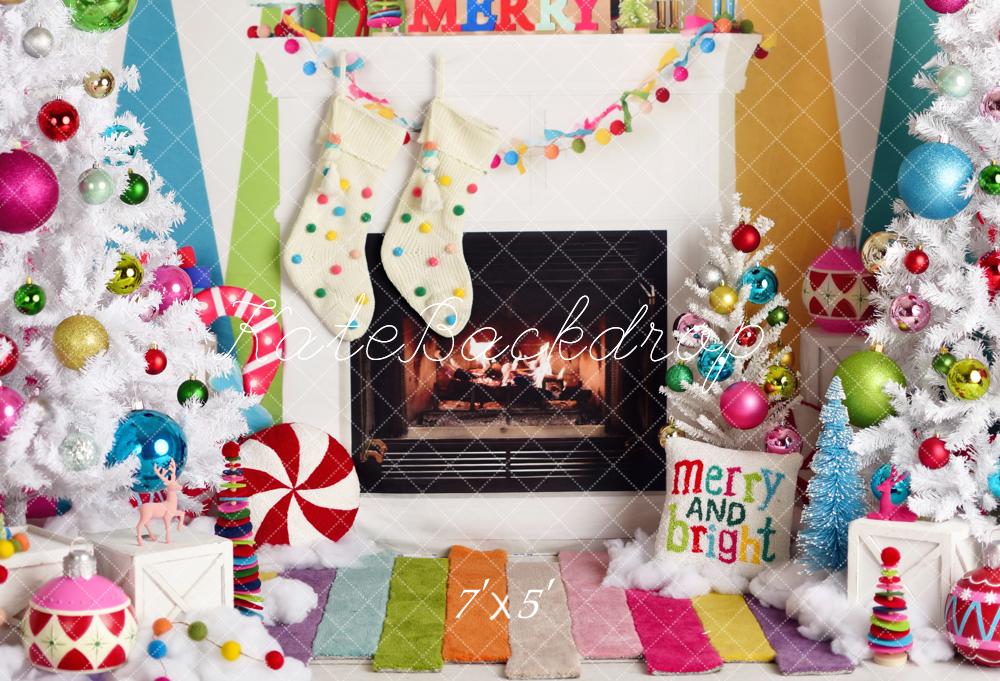 Kate Christmas Fireplace Trees Colourful Backdrop Designed by Mandy Ringe