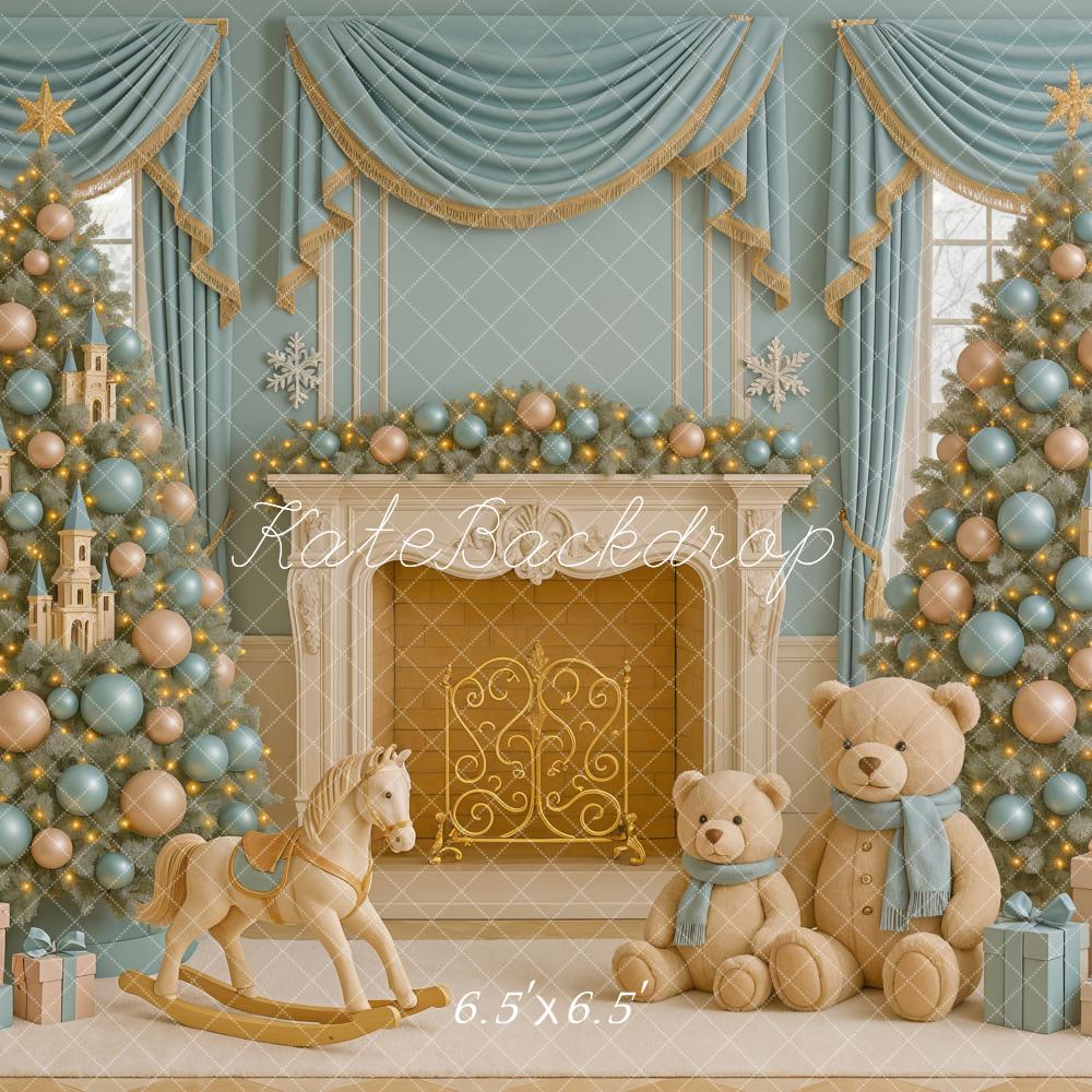 Kate Christmas Trees Fireplace Presents Backdrop Designed by Ashley Paul